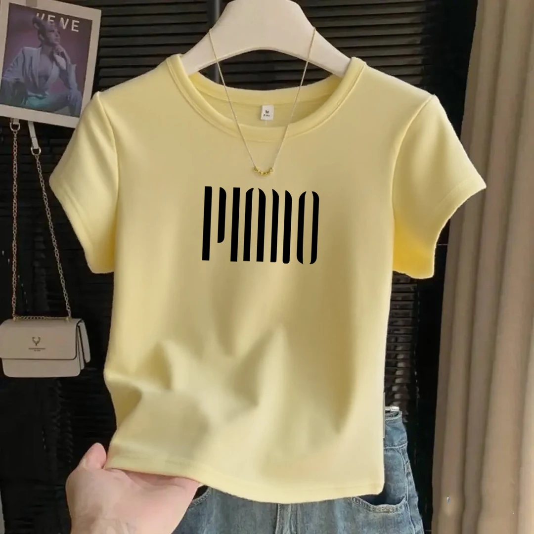黄色正肩螺纹棉短袖t恤女小众时尚洋气显瘦上衣基础款夏季潮芒果
