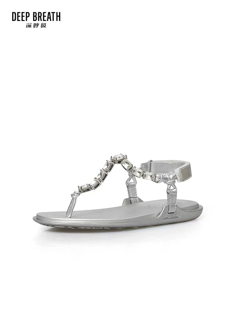 夏季新款女鞋时尚精致水钻夹趾魔术贴平底人字拖凉鞋AX14118