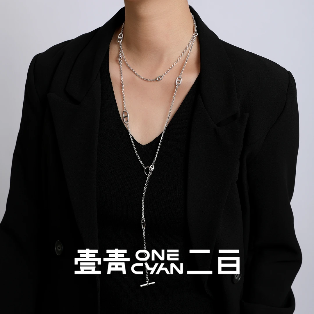 坠链均925银 《夜海》猪鼻子OT长链120cm项链厚镀长款