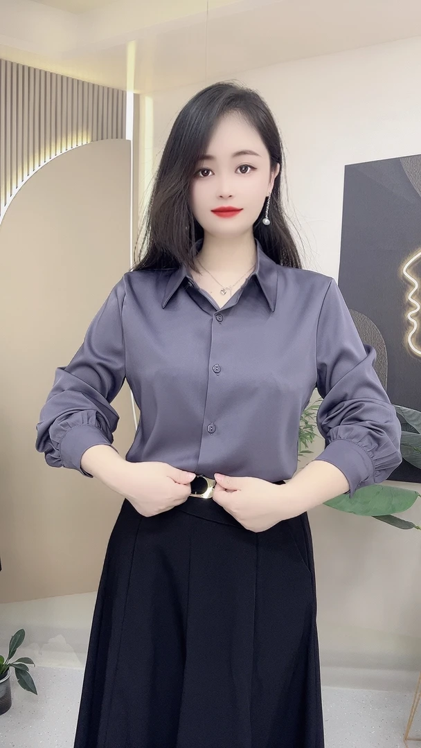 春秋新款气质时尚缎面显瘦爆款百搭衬衫长袖衬衣女