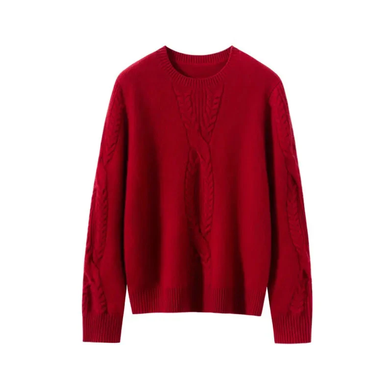 【MORO系列】女士纯山羊绒400克长袖圆领加厚绞花时尚百搭针织衫