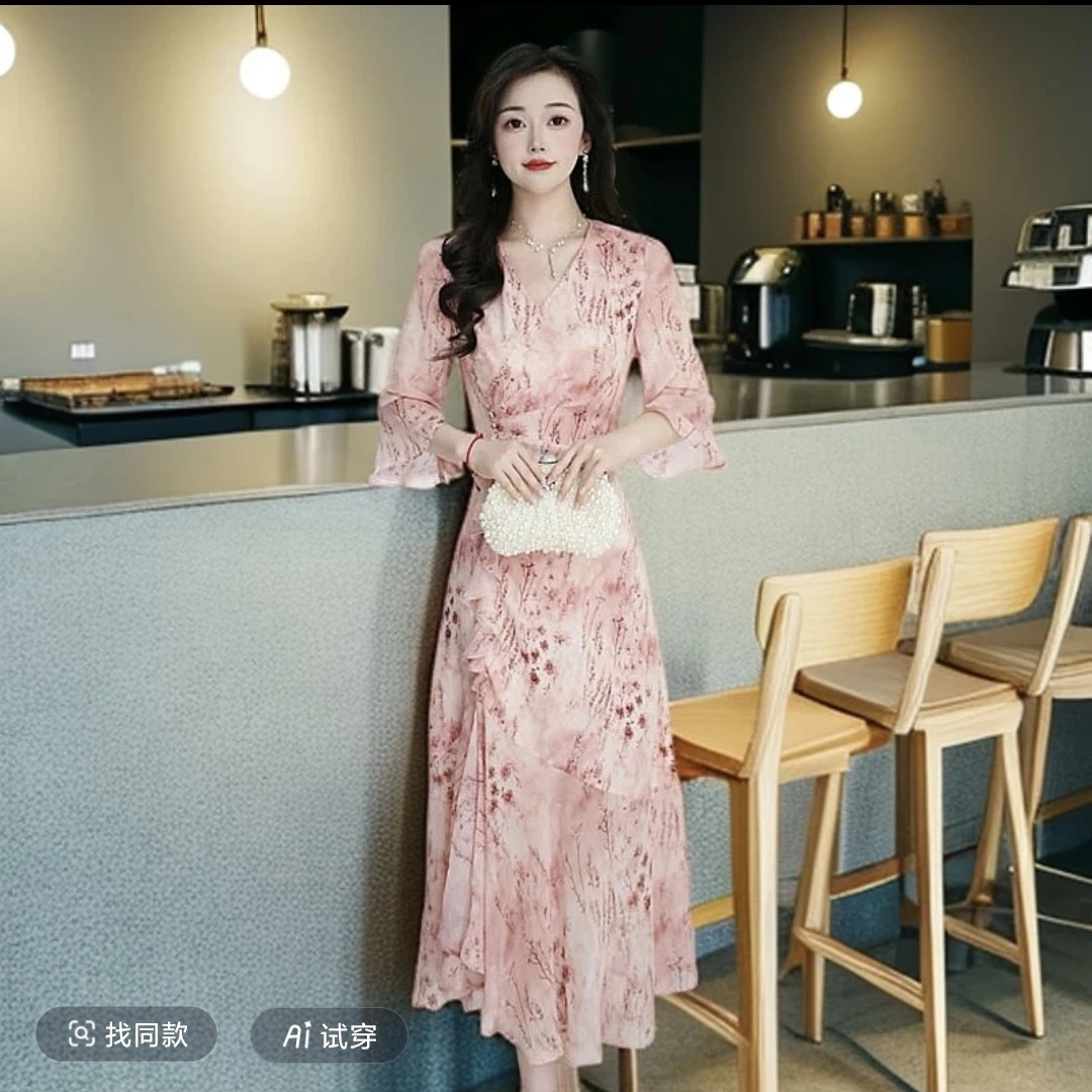 【千羽定制】洋气碎花连衣裙2025年夏季新款气质修身荷叶边a字裙子