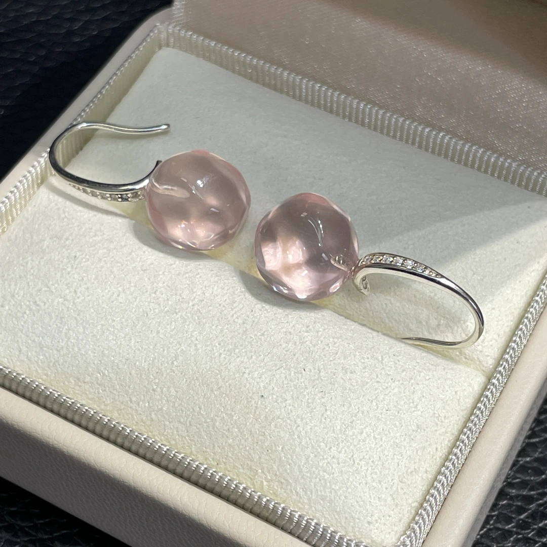 天然星光粉晶菠萝珠耳坠耳钩莫桑比克粉晶果冻粉橘粉色11mm轻奢