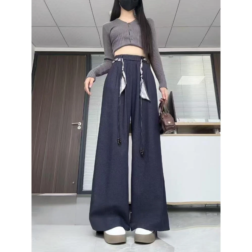 杜拉妮松紧高腰休闲阔腿裤女早秋2025新款大码宽松显瘦垂坠感直筒