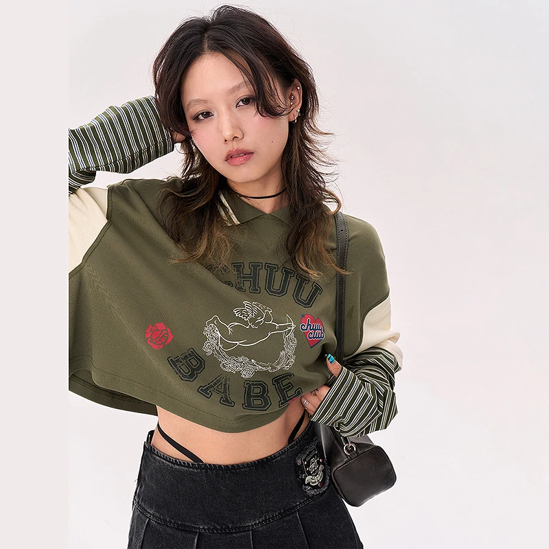 CHUU秋季女装卡通丘比特印花T恤爱心撞色拼接条纹长袖上衣