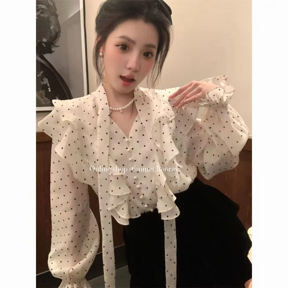 法式高级感荷叶边衬衫女2025春秋新款轻奢时尚设计感系带长袖上衣