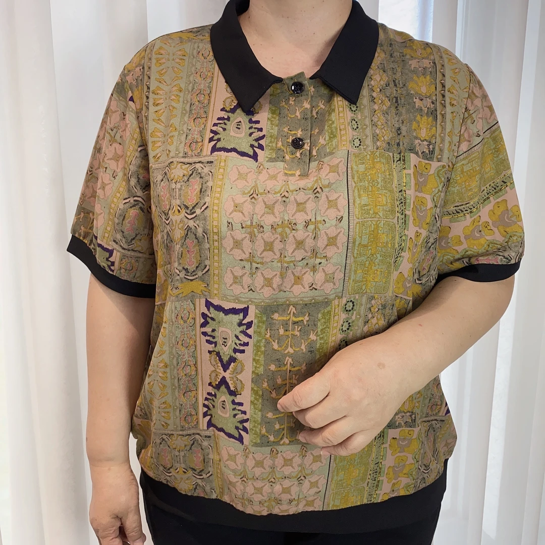 妈妈装常规中老年女装时尚休闲百搭森系短袖翻领复古宽松遮肉5589