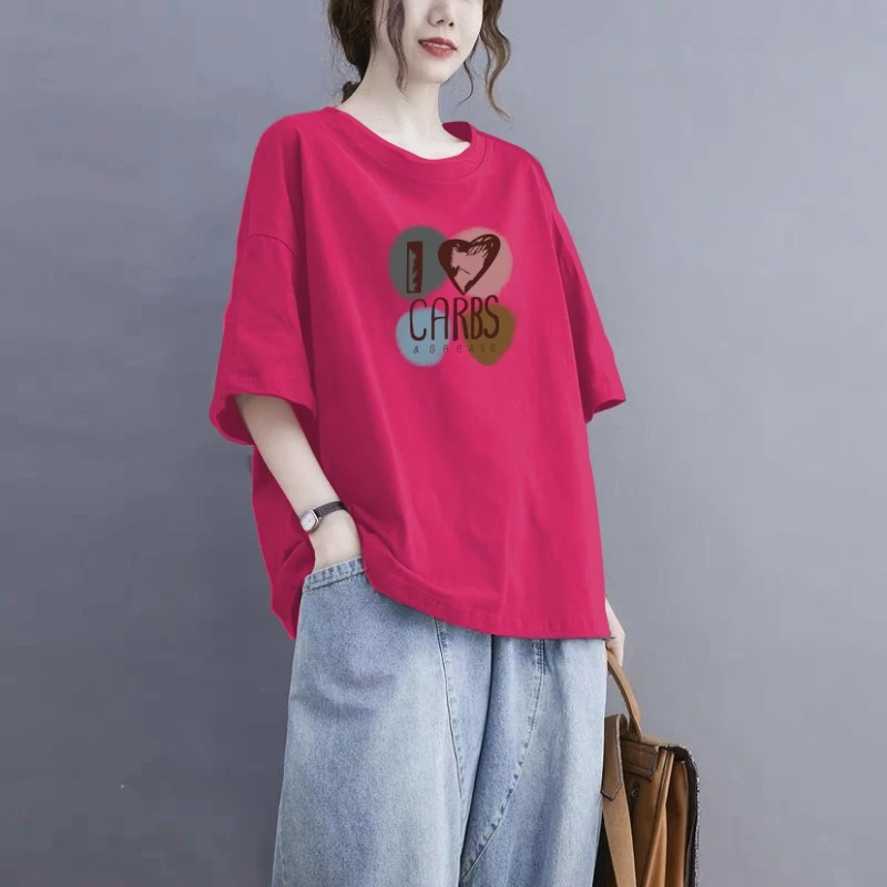 100%棉短袖T恤女夏季大码休闲风紫色显白百搭宽松字母半袖t恤上衣