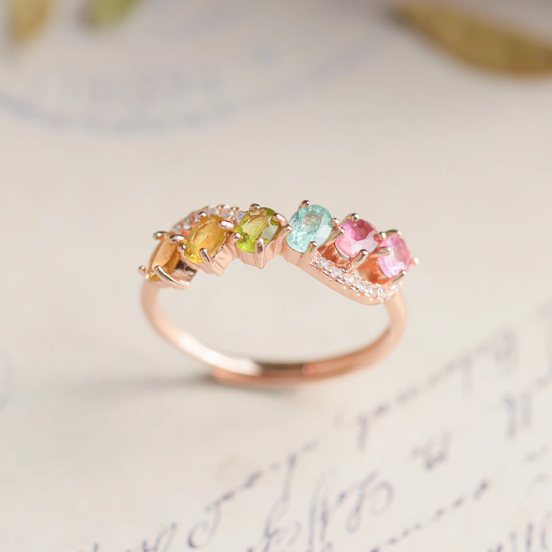 S925银玫瑰金镶嵌碧玺小蛋面时尚精致送礼女款戒指