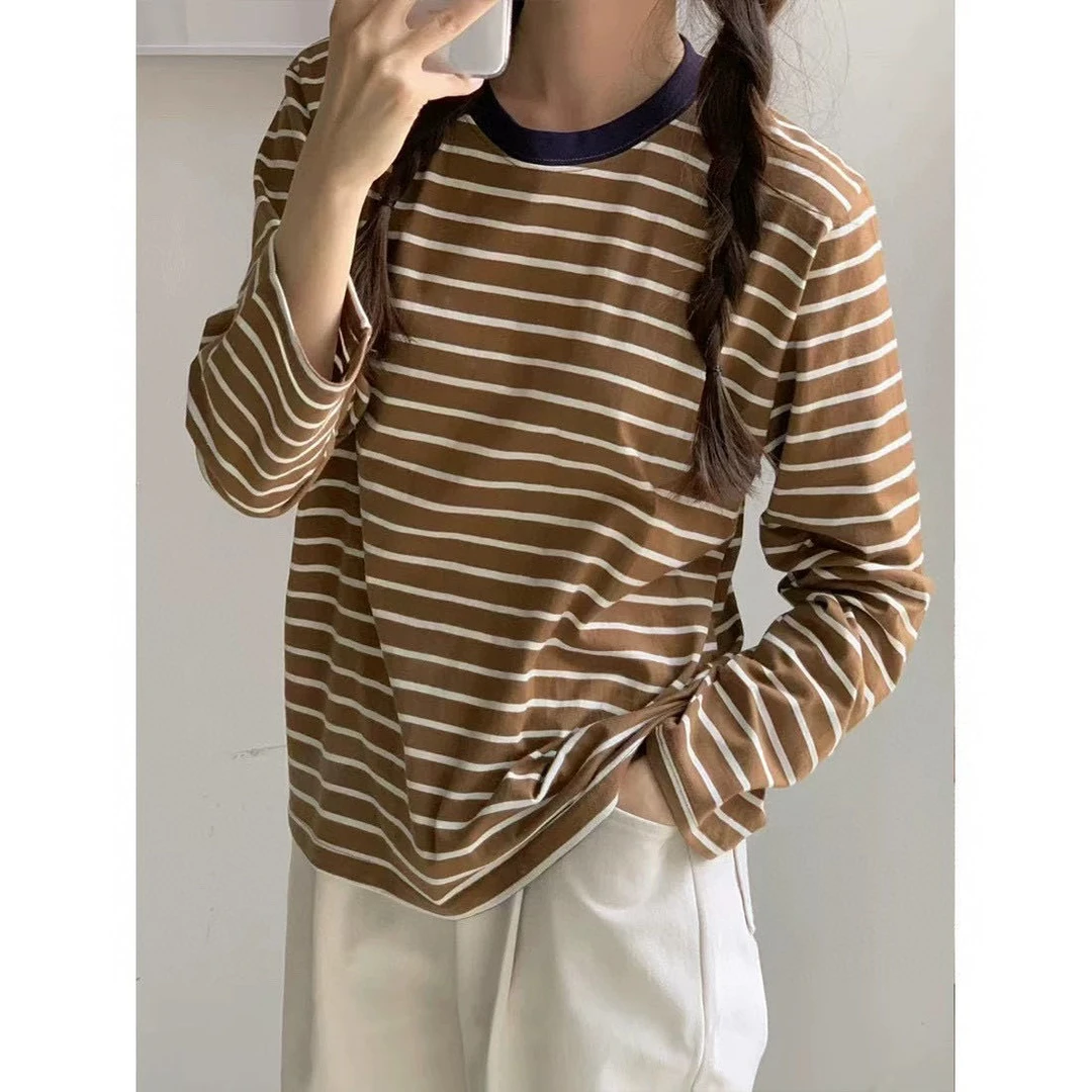 琥珀扣撞色条纹长袖T恤