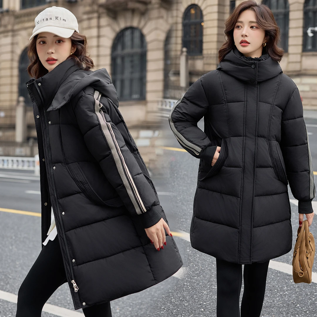 连帽欧美风保暖长款中长款大码女士宽松加厚棉服时尚过膝修身显瘦