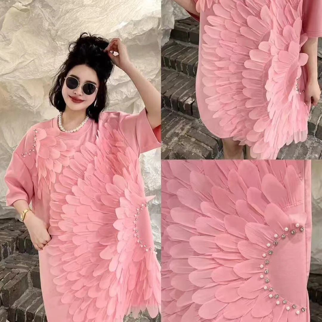 重工立体花朵短袖t恤裙女2025夏季新款韩版宽松圆领设计感连衣裙