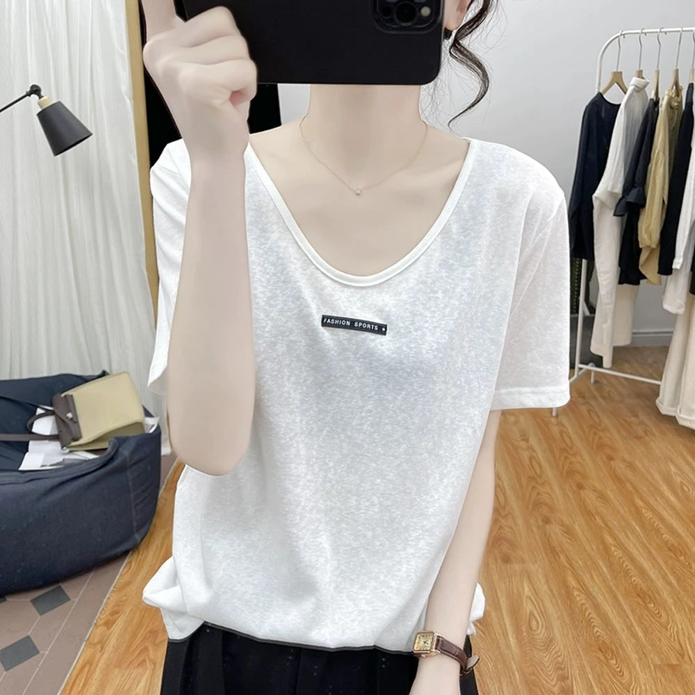 雪花棉V领短袖T恤夏季薄款宽松复古简约字母贴标设计百搭显瘦上衣