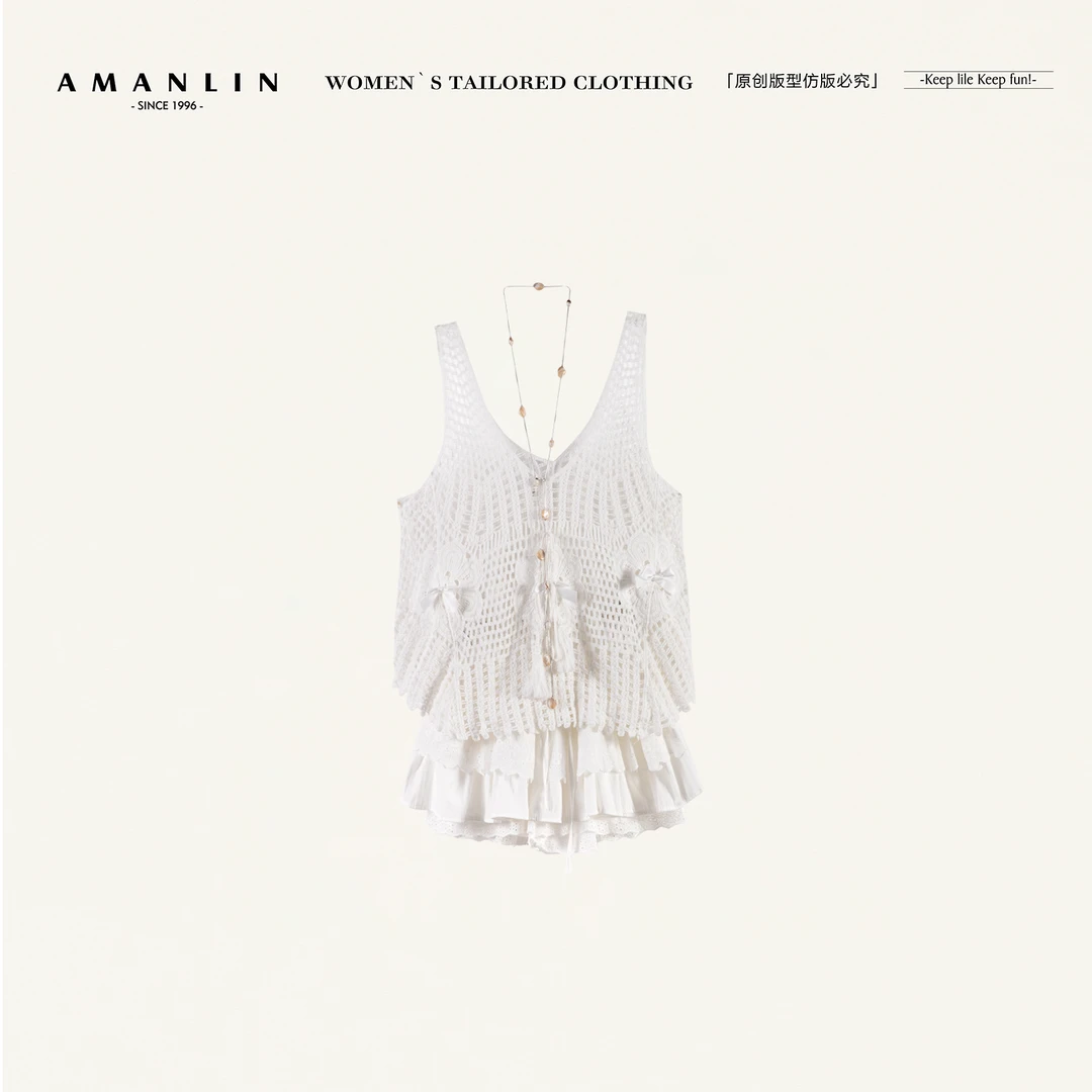 AMANLIN/阿谩琳欧若风镂空V领吊带衫背心女新款洋气三件套Y596995