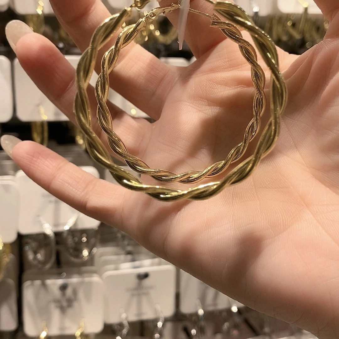 铜合金925银麻花耳圈金色