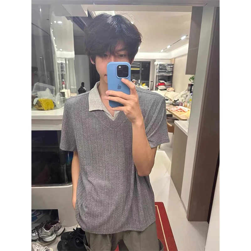灰色假两件V领麦穗polo衫短袖男夏季老钱风设计感T恤cleanfit半袖