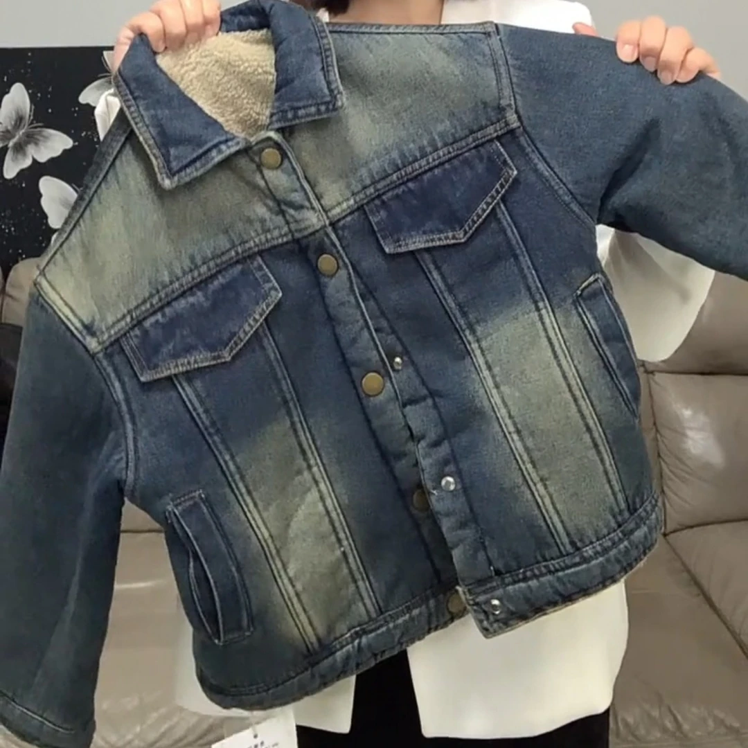 冬季时尚潮童欧美港风复古纯棉牛仔羔羊毛中大童潮流外套