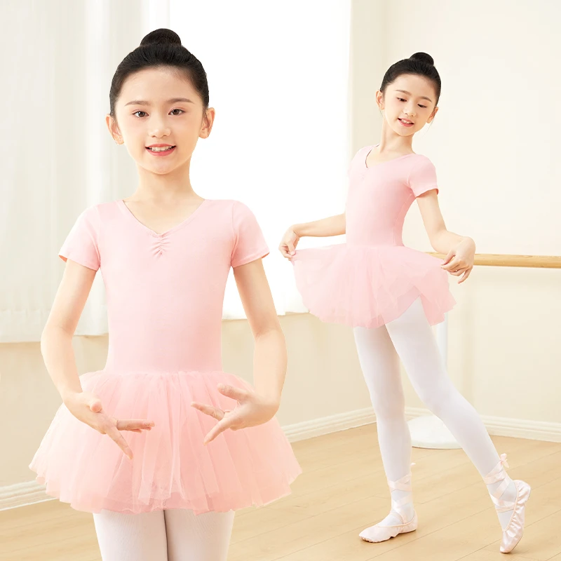 女童舞蹈服新款芭蕾舞连体裙网纱蓬蓬裙夏季短袖幼儿表演服练功服