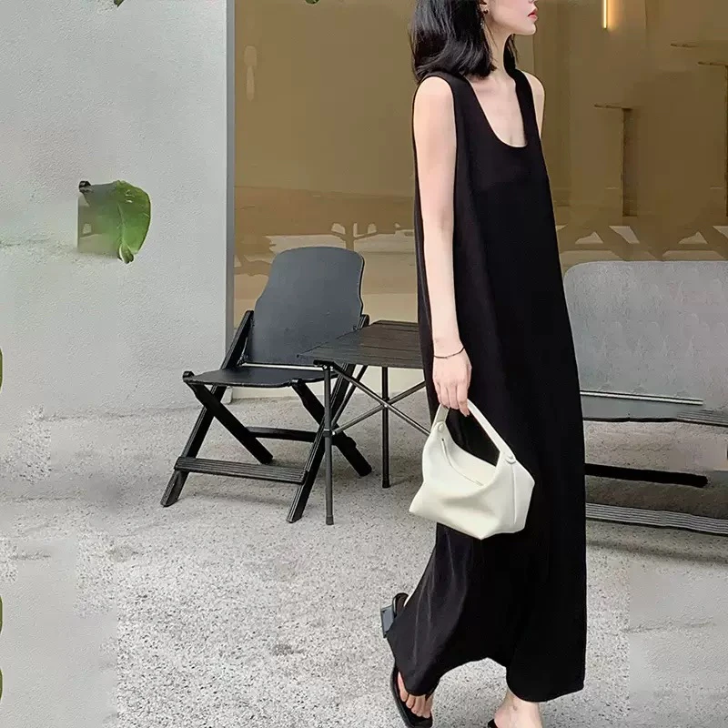 气质宽松U领纯色无袖长款连衣裙休闲显瘦