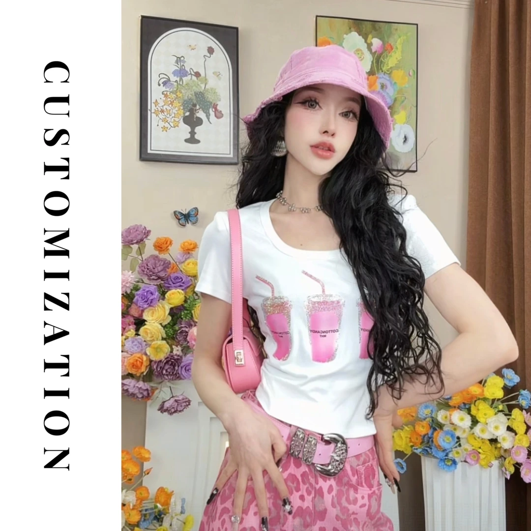 2025夏款短袖T恤饮料杯带亮片方领短款上衣1713