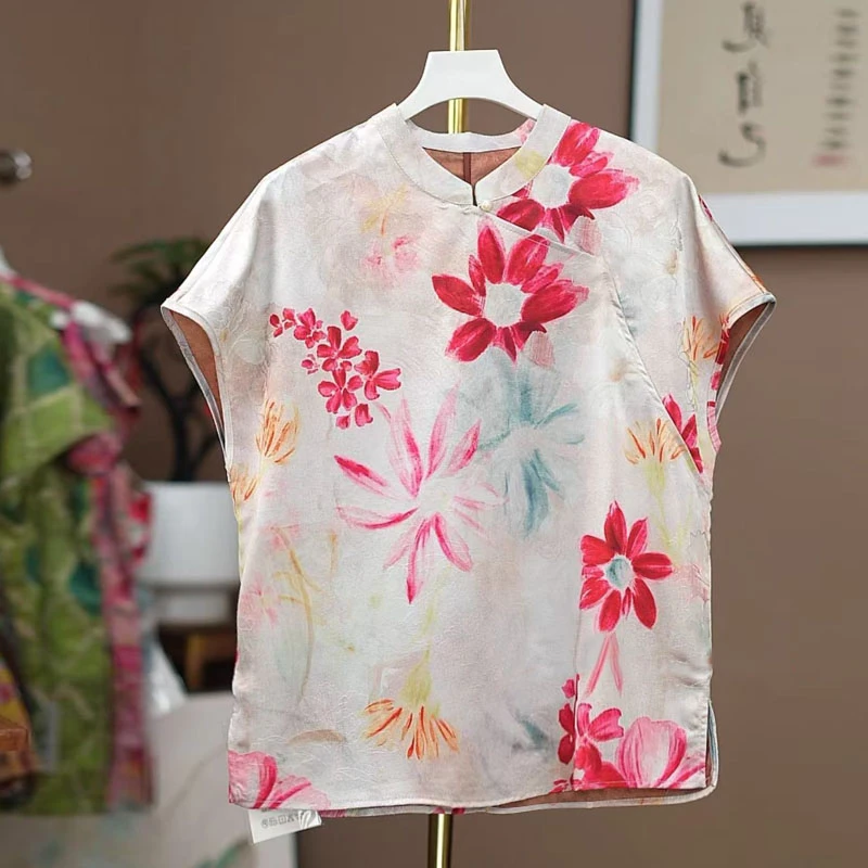新中式2025夏季气质百搭提花立领短袖上衣女