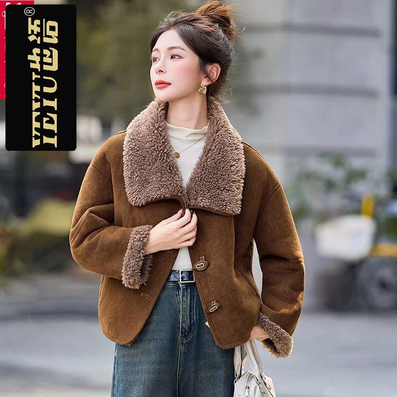 麂皮绒2025夹克羊羔毛冬装高级感新款女加绒上衣外套加厚短款时尚