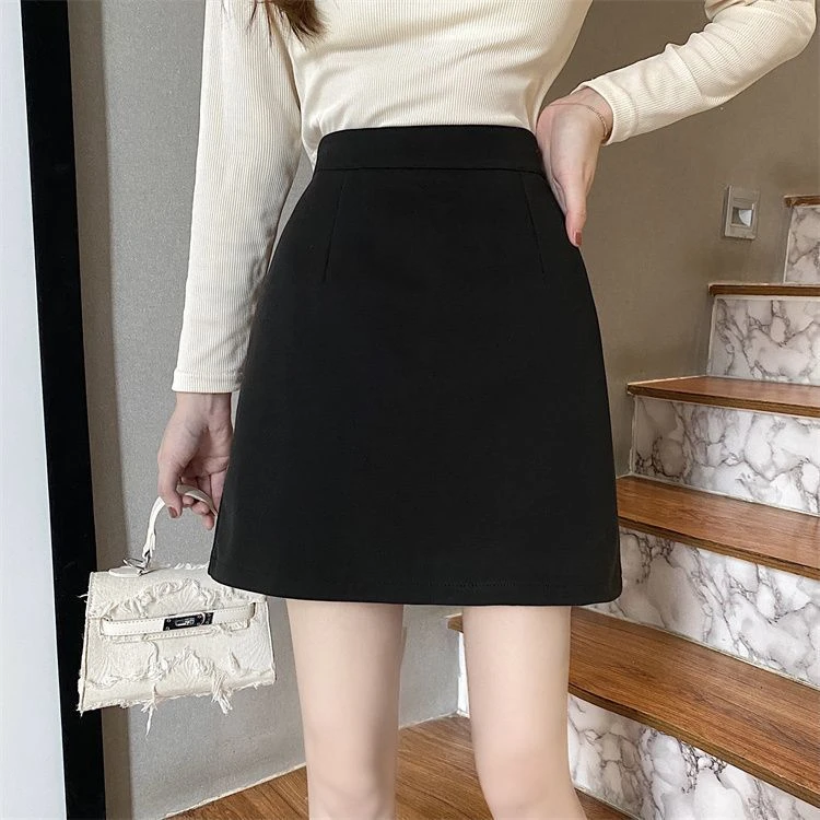 黑色毛呢显瘦半身裙女秋冬外穿新款防走光a字百搭高腰包臀短裙子