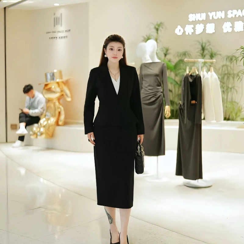 XYD71751轻职感秋冬气质简约小黑裙长袖收腰大码女装显瘦连衣裙