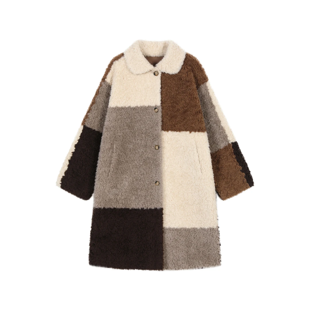 树小井琥珀流光风100%绵羊毛外套翻领拼接撞色长款羊剪绒大衣2025