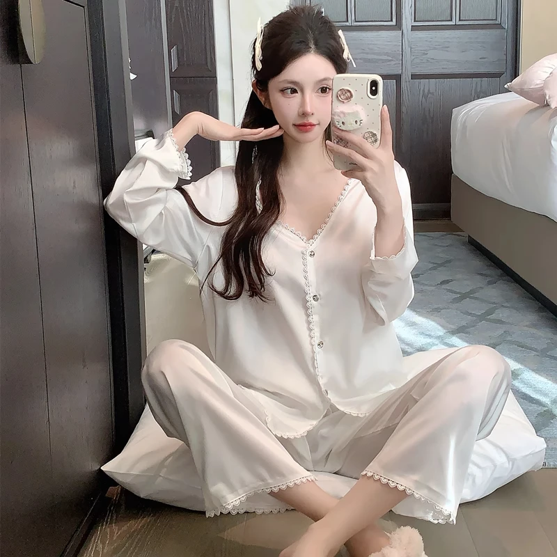 睡衣女春秋冰丝2025新款纯色睡衣女款爆款2025新款长袖长裤