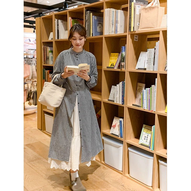 田田家| muji裙 日系文艺叠穿黑白格子小个子衬衫连衣裙简约纯棉