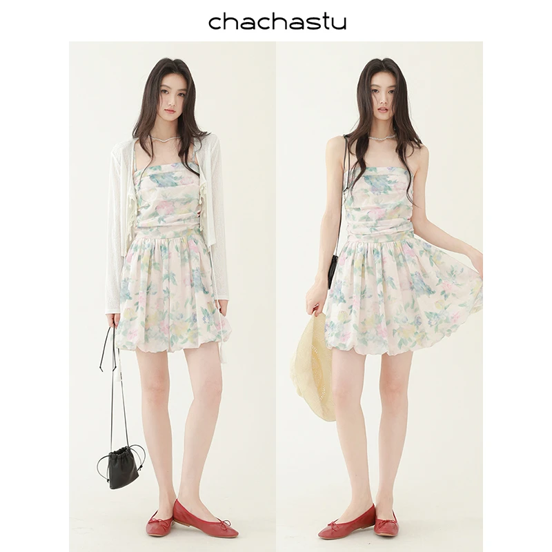 CHACHASTU【盛夏】爱丽丝花园~可拆肩带抹胸花苞短裙H4203W