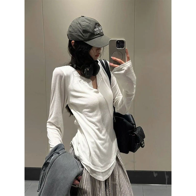 新款夏季修身薄款辣妹白色半开长袖T恤慵懒显瘦罩衫防晒休闲上衣