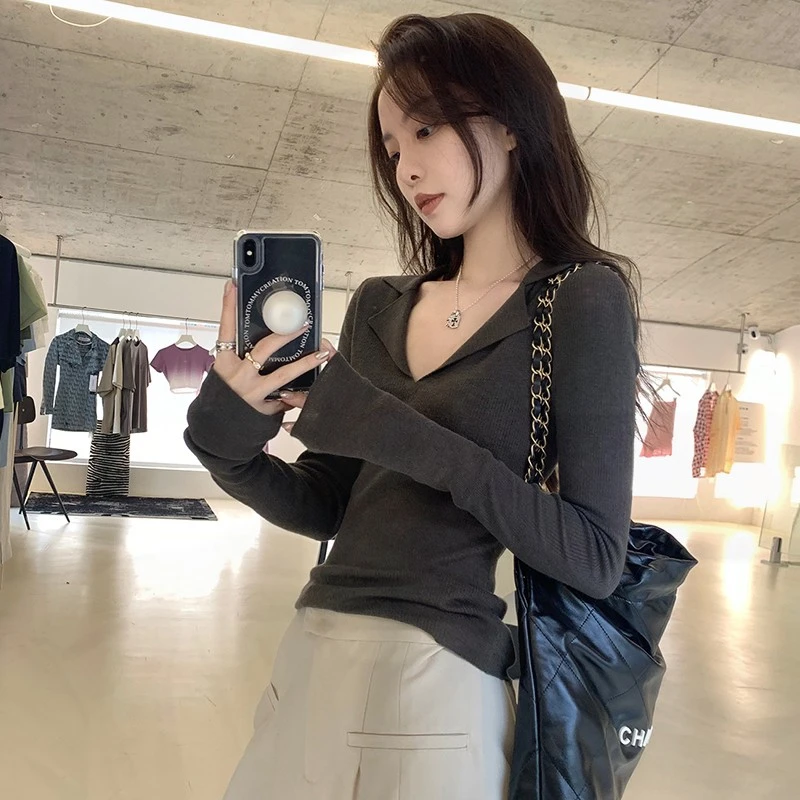 修身内搭长袖针织衫女秋冬设计感小众毛衣显瘦黑色百搭打底衫上衣