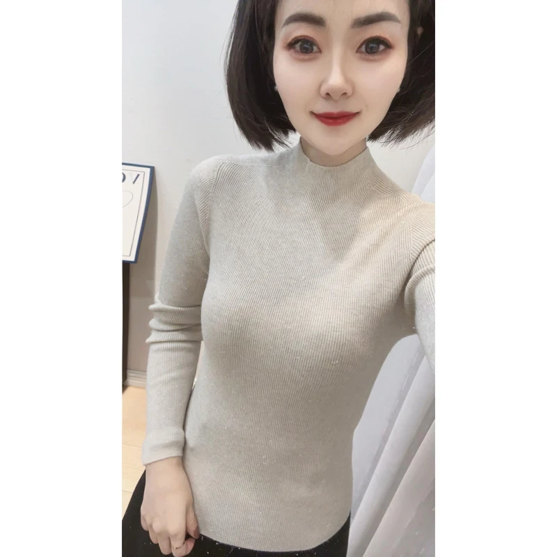 【半高领】无缝一体亮丝紧身打底针织衫