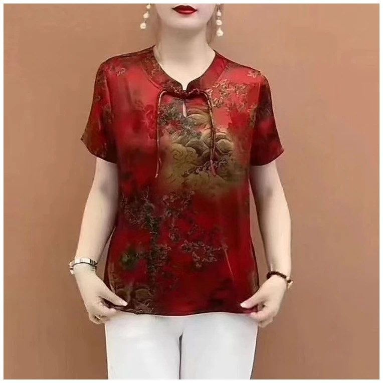 2025新款国风女老年人春夏九分袖衬衫刺绣奶奶妈妈新中式花色衬衣