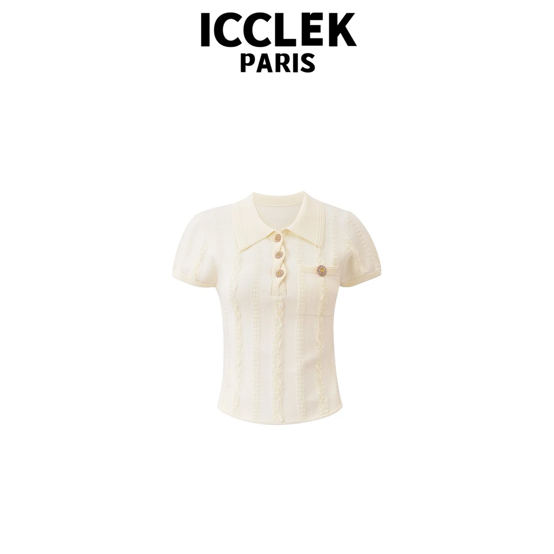 ICCLEK 杏色翻领螺纹短袖薄款针织衫气质显瘦百搭名媛短袖 - 5345