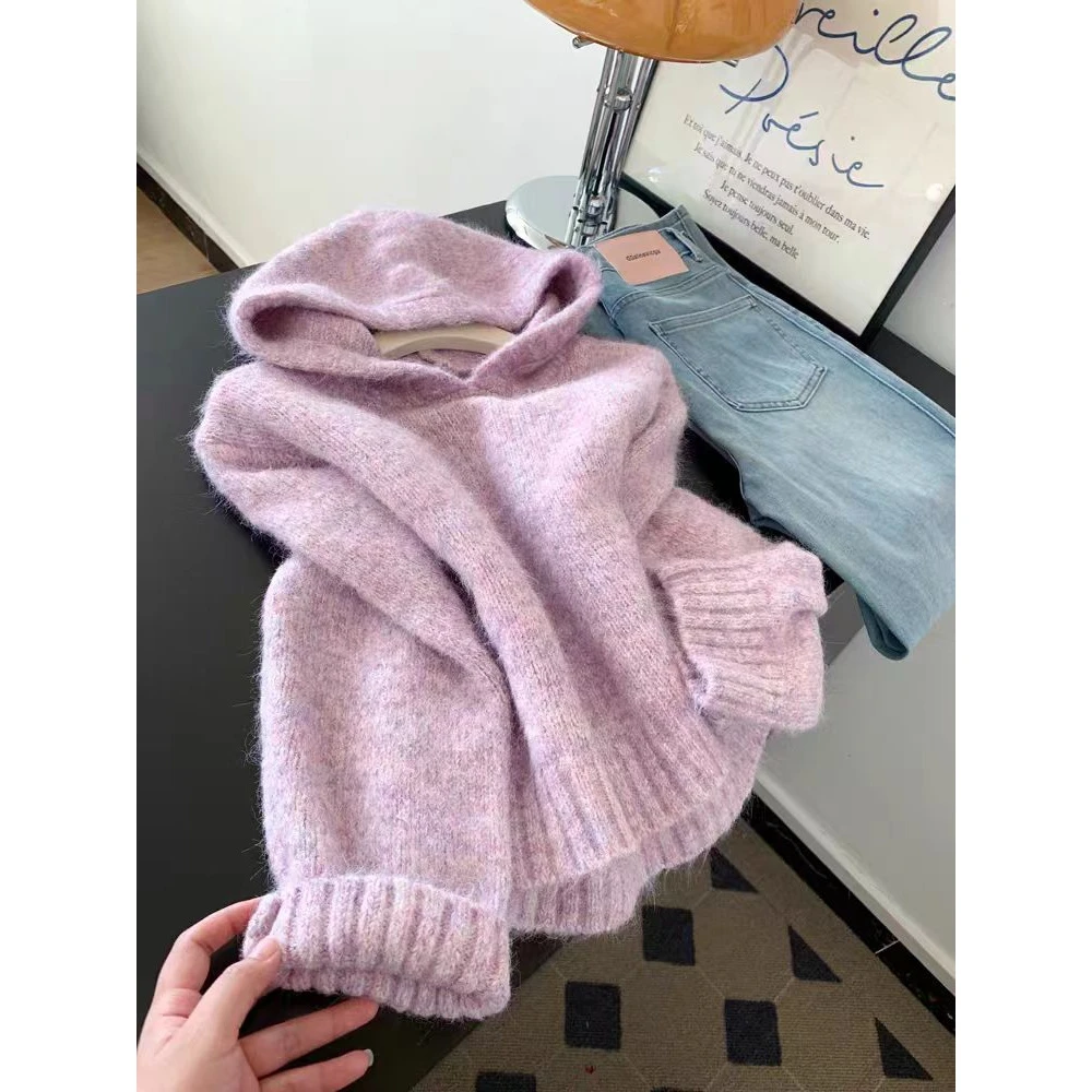 紫色连帽套头针织衫毛衣女士小个子2025新款可外穿百搭内搭上衣