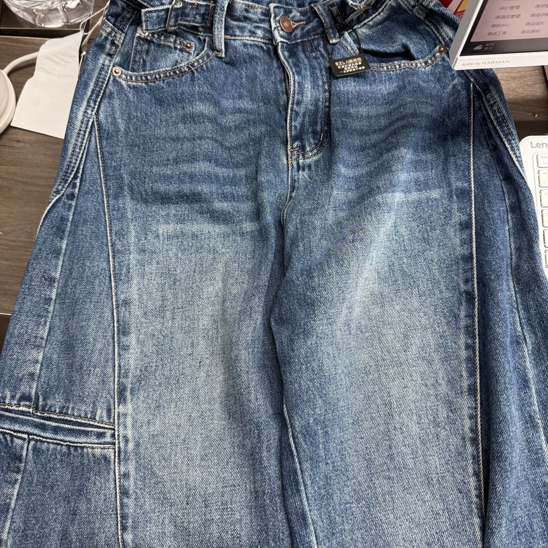 小小苏高腰水洗春季夏季牛仔裤开叉直筒自然密语裤子;XECF10065