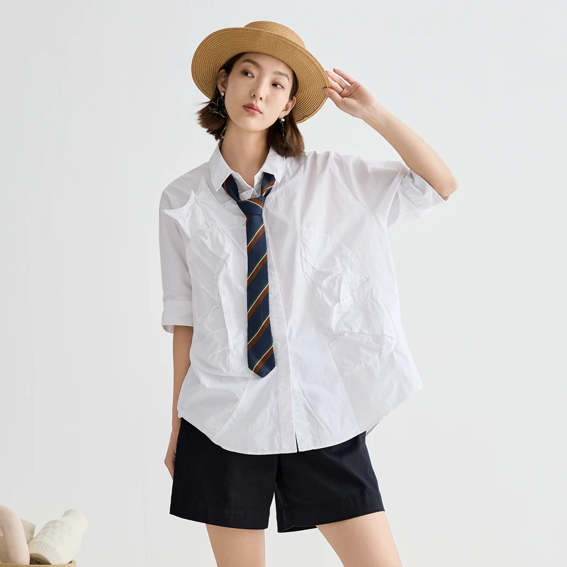 谜底衬衫短袖女2025夏新品通勤立体褶皱草莓大廓形衬衣252MC0676