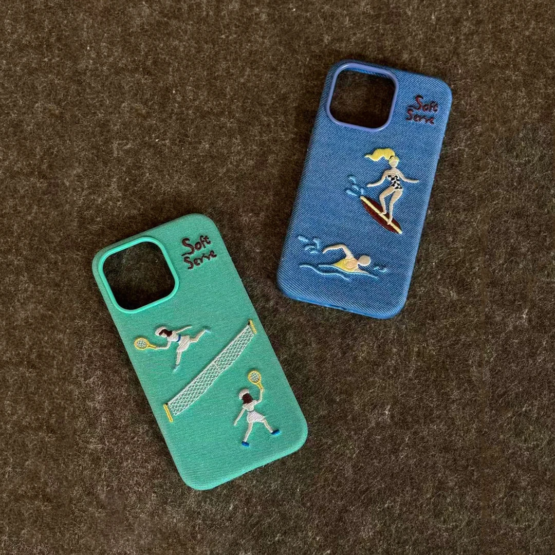 SoftServe柔软供应《冲浪网球》插画刺绣牛仔布磁吸手机壳全包型