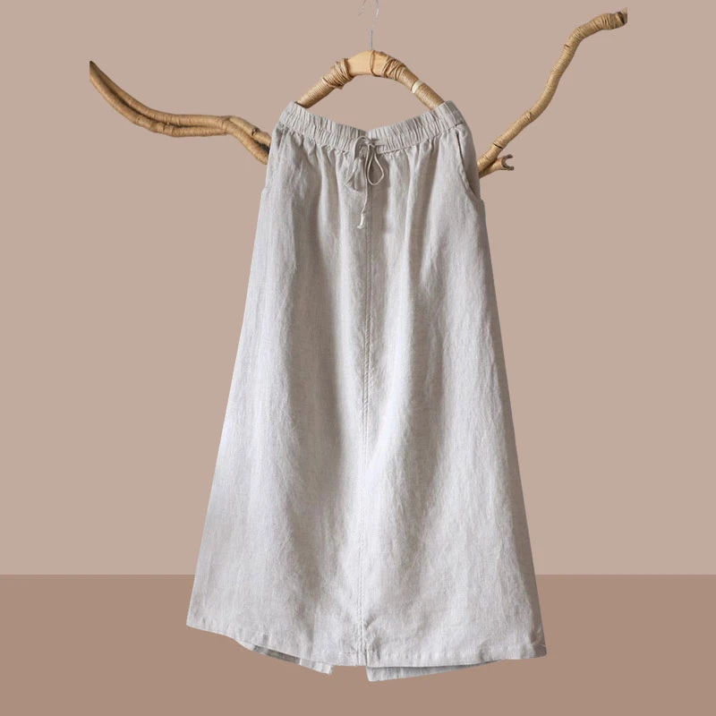 夏文艺百搭中长款亚麻半身裙显瘦小A字纯色系带九分裙凉爽亚麻裙