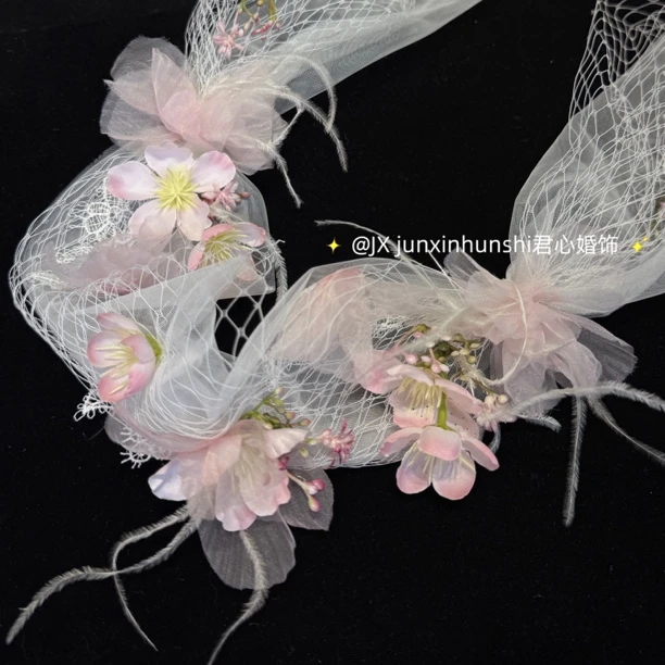 君心家 1448轻纱飘带粉色系仙气新娘头纱发饰