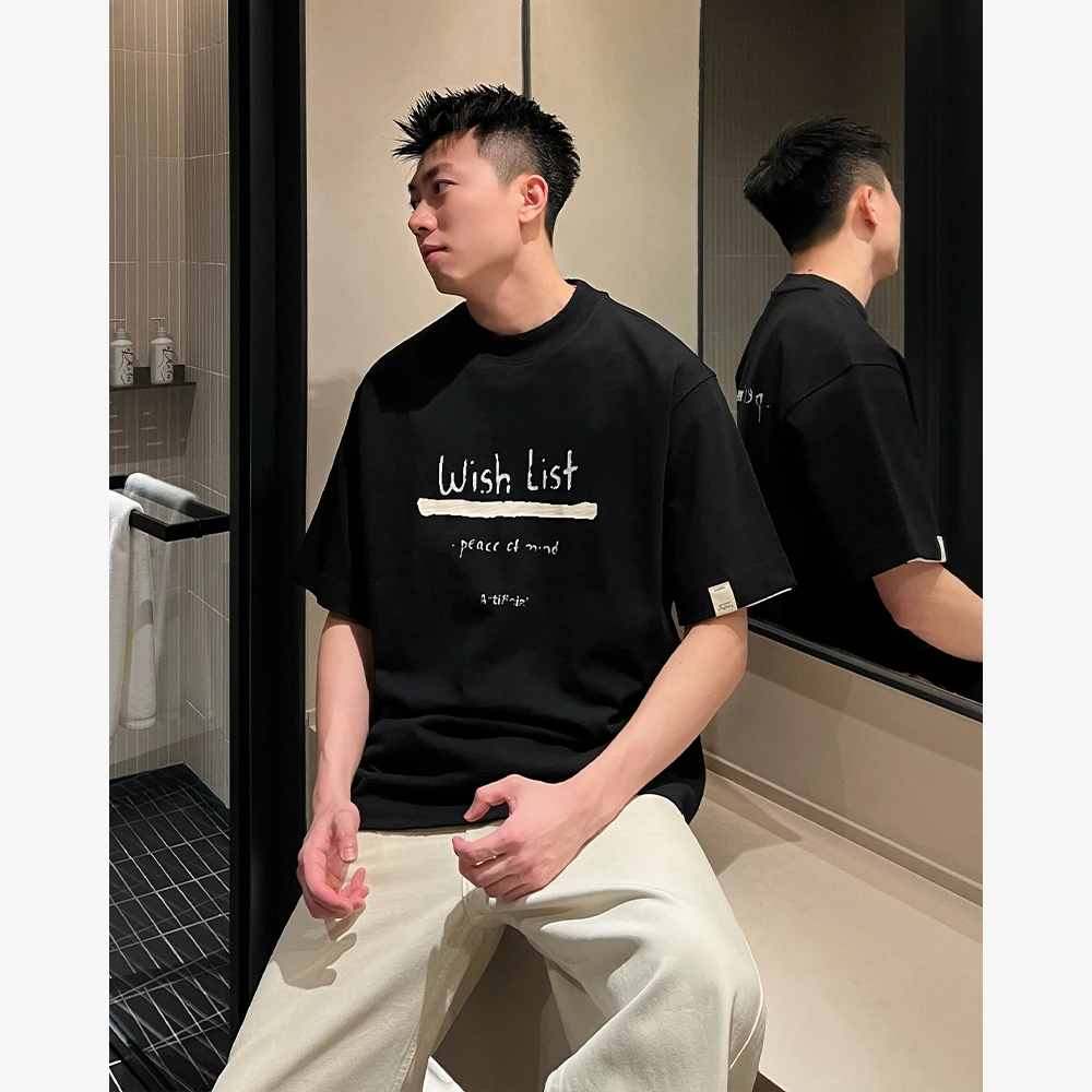 YIHAO STUDIO春夏新款男士时尚百搭英文T恤纯棉休闲宽松圆领短袖