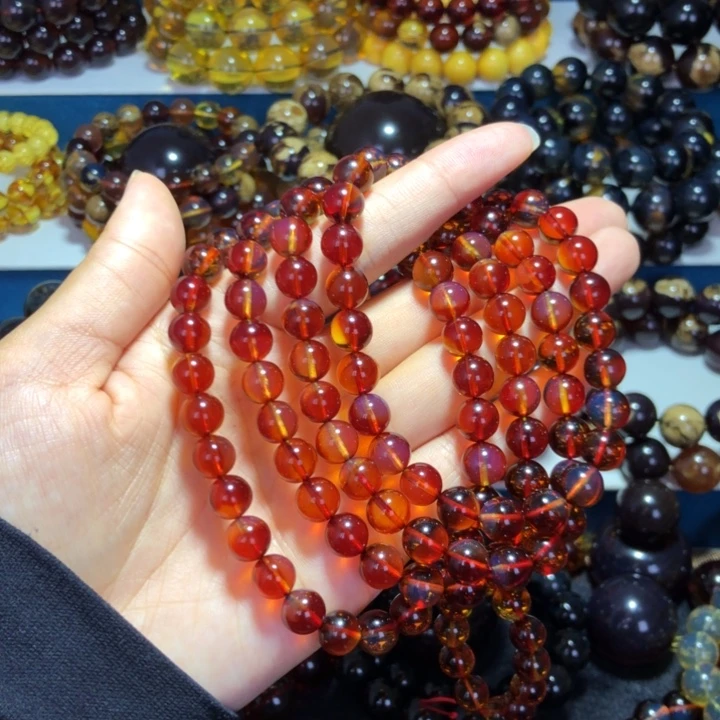 琥珀未镶嵌手链馆藏级5Ａ净水妖孽火彩红蓝珀108