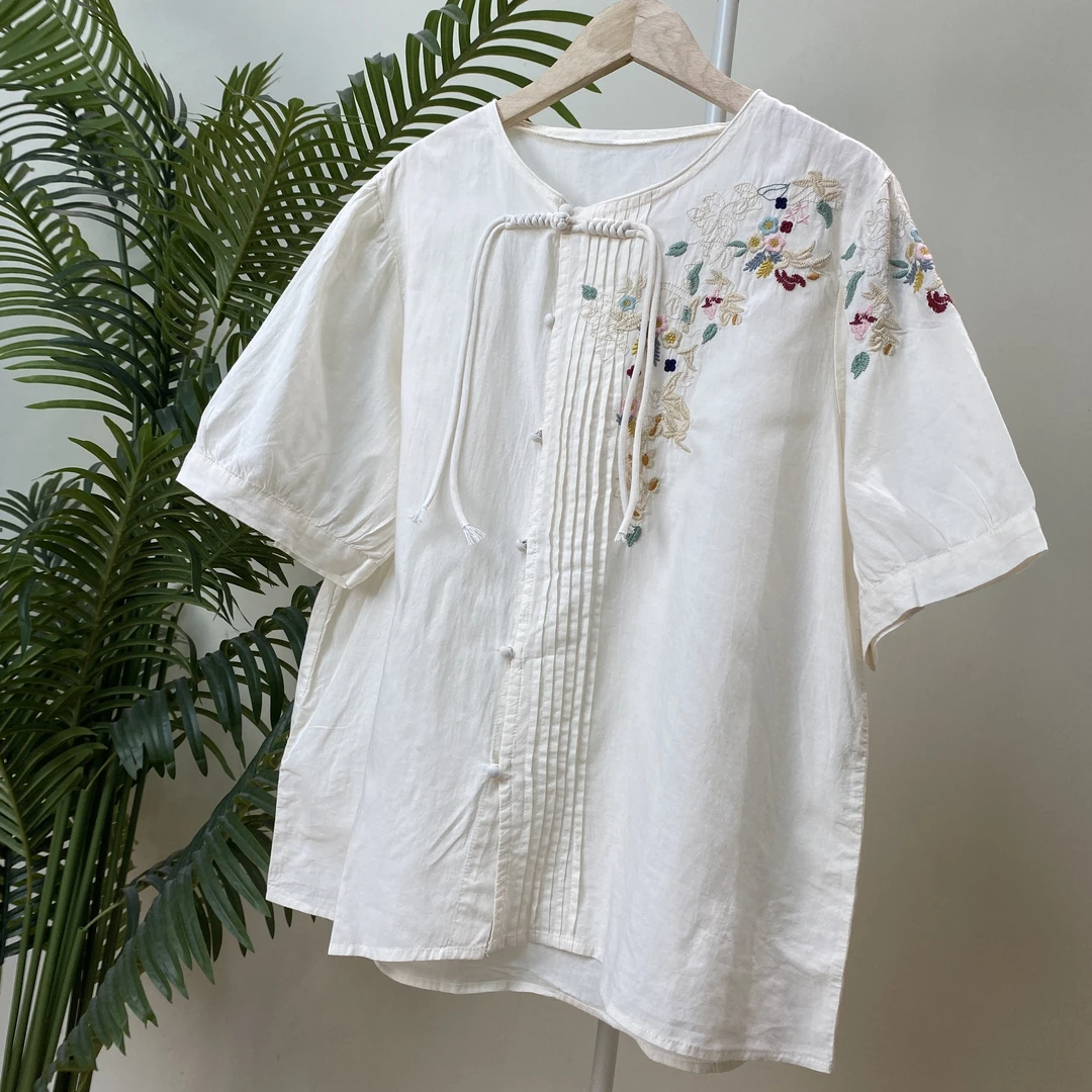 【新中式五分袖刺绣棉纱衬衫】2892