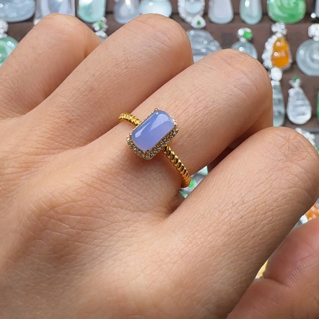 翡翠18K金镶嵌吊坠(赠链)冰种粉紫方糖戒指