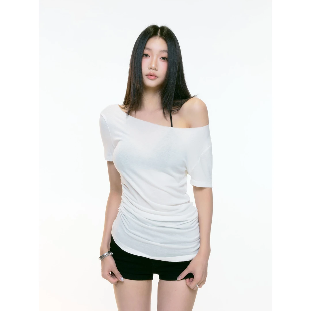 withmin【现货】凉皮 白色恋人 抽褶斜肩收腰显瘦休闲女T恤2523056