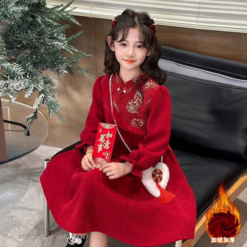 3号女童新款国风新年服加绒冬季连衣裙