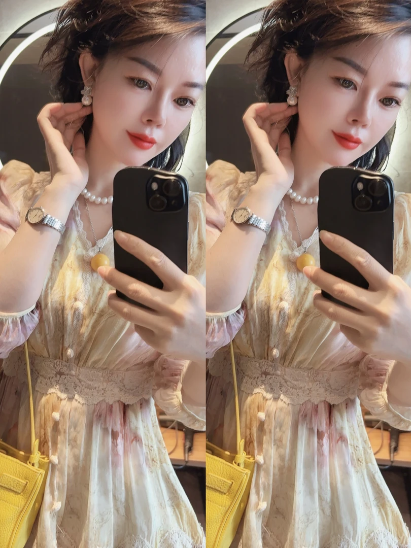 【小韩家】欧货2025夏新款V领短袖蕾丝印花亚麻桑蚕丝连衣裙